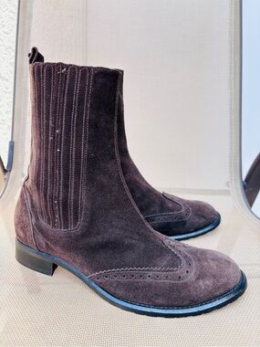Jenrigò Suede Brogue Wingtip Chelsea Boots Italy Made Style 38.5 Dark Brown